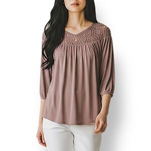 4/$20 WDNY Silk-Blend Crochet Yoke Tunic Top Mauve 3/4 Sleeve Size 6